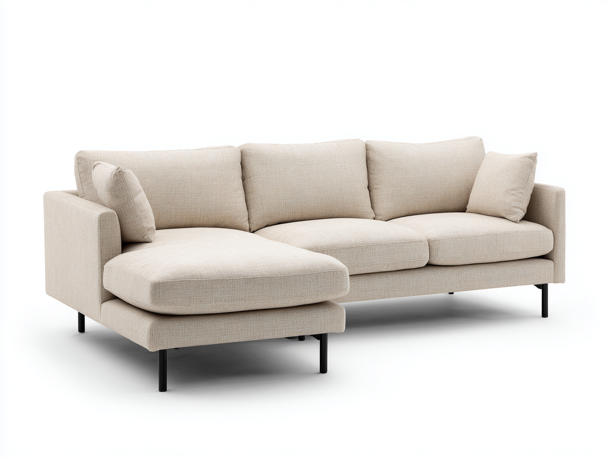 Sofás de esquina 255x160x84 cm tela color beige para salón con chaise longue izquierda y patas negras - estilo contemporáneo-Sarasohaus