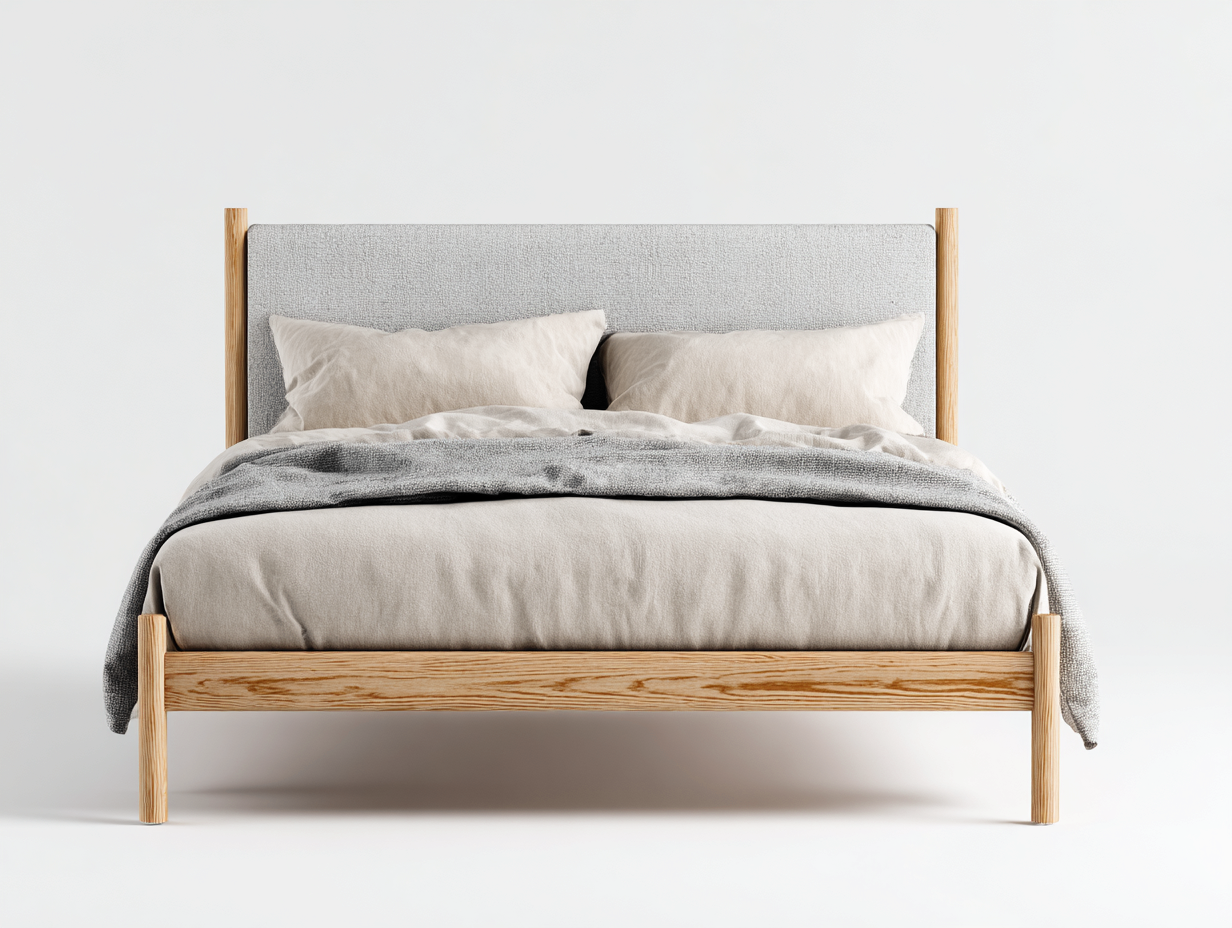 Camas dobles de madera y tela 206x150x108 cm gris claro y madera natural para dormitorio - diseño nórdico-Sarasohaus