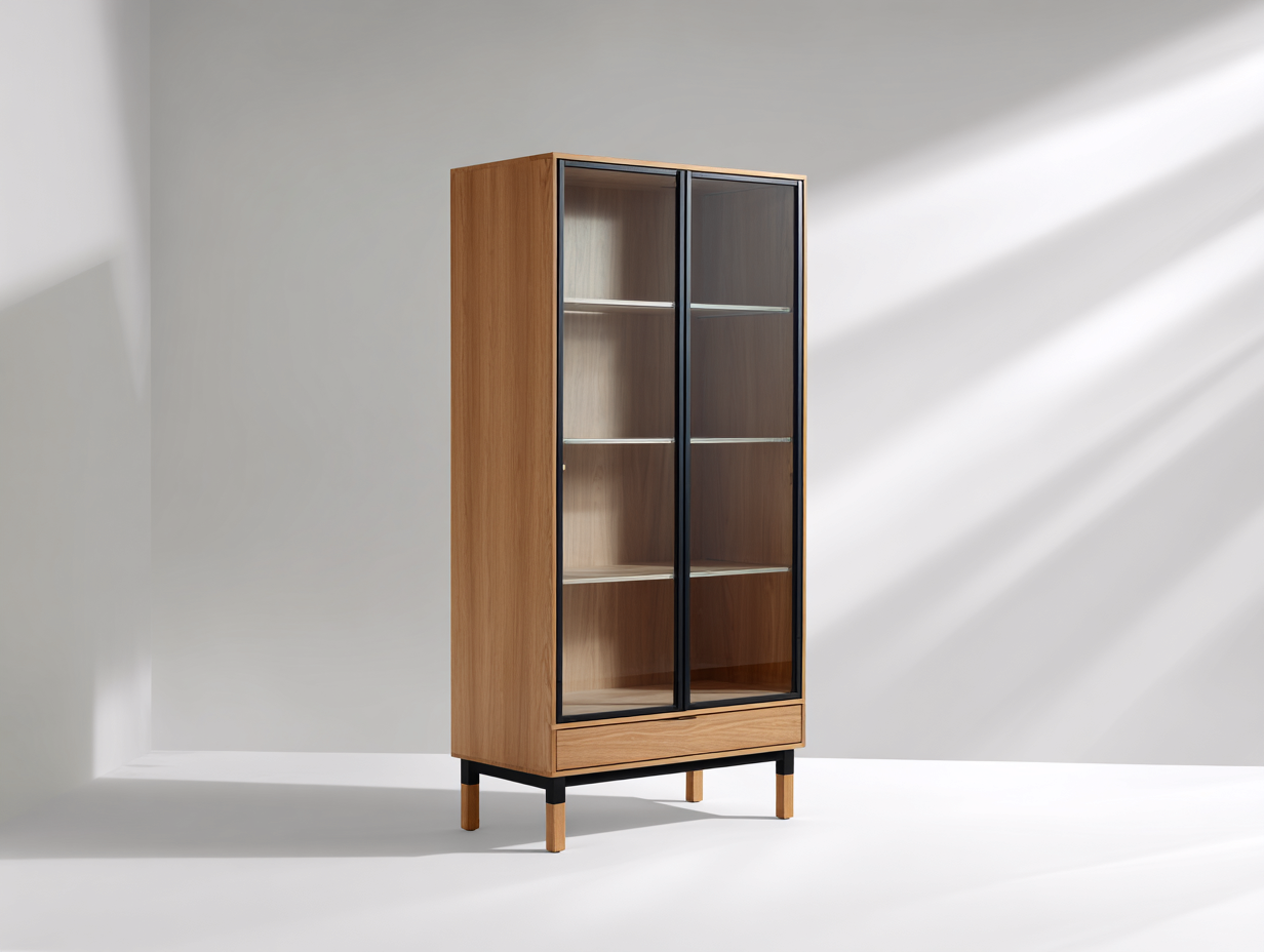 Vitrinen Holz Glas 90 x 42 x 170 cm - Natur-Schwarz - für Wohnzimmer und Esszimmer-Coriaoloft