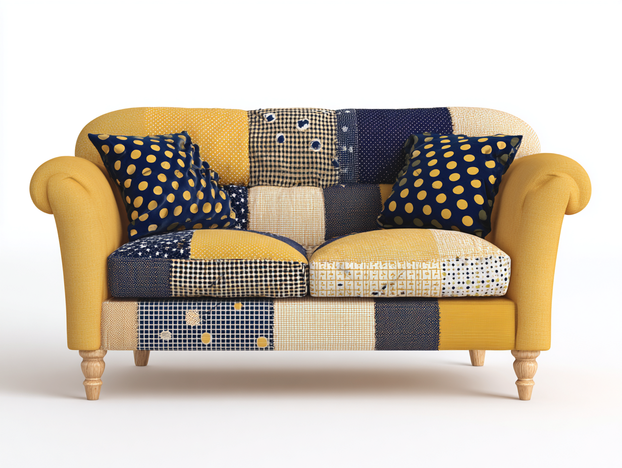 Zweisitzer Sofa Stoffbezug 176x86x82 cm - Gelb-Blau-Creme - Patchwork Design für Wohnzimmer-Coriaoloft