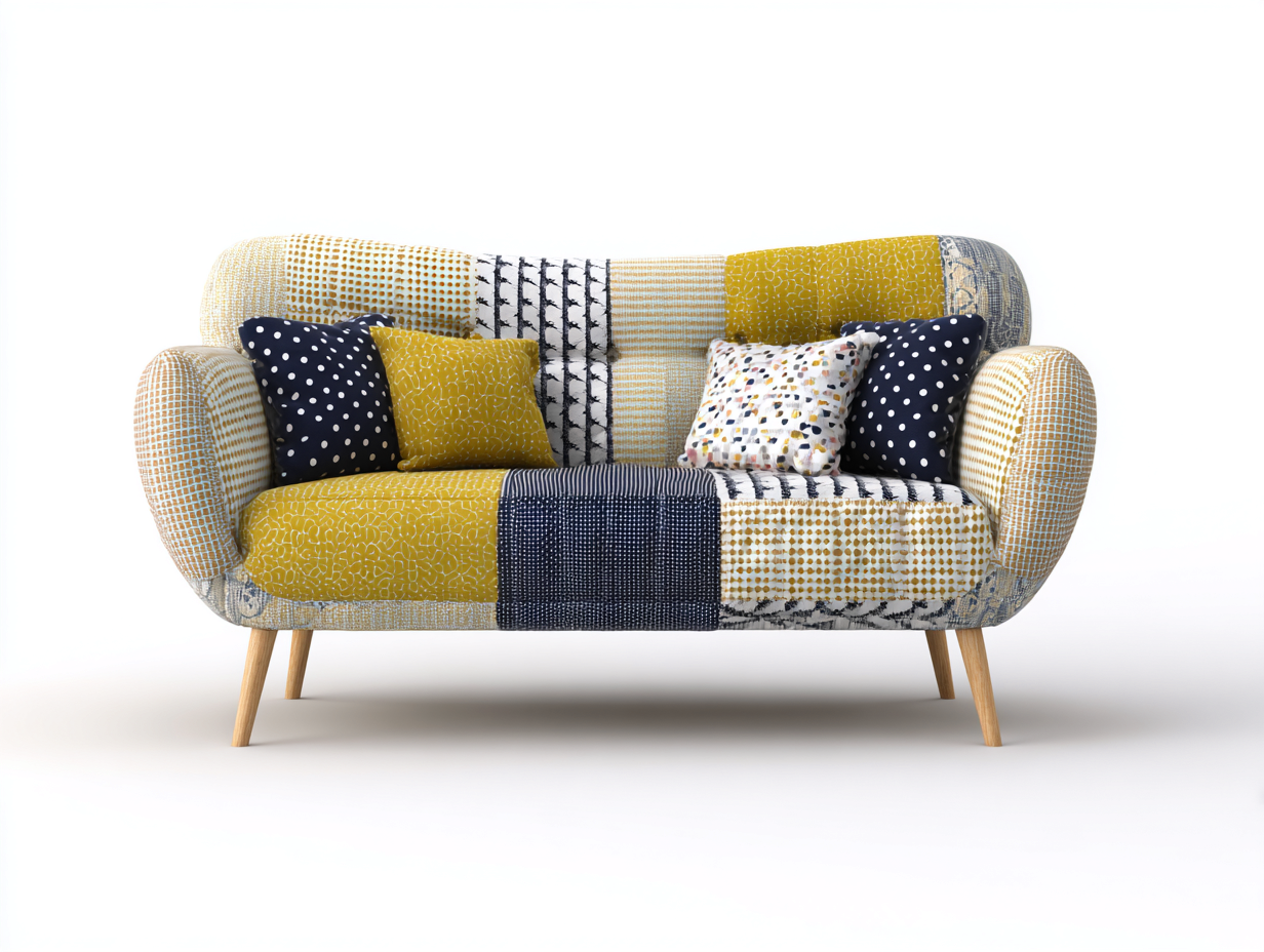 Zweisitzer Sofa Stoff 155x78x82 cm - Gelb-Blau-Weiß-Grau - für Wohnzimmer mit Holzbeinen-Coriaoloft