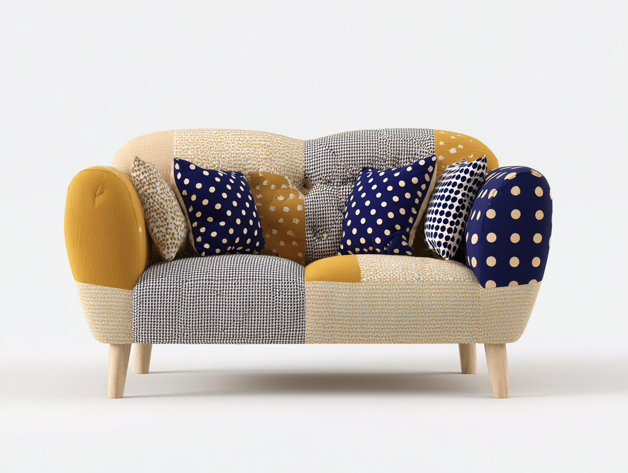 Zweisitzer Sofa Stoffbezug 175x90x82 cm - Gelb-Blau-Weiß - Modernes Patchwork Design-Coriaoloft
