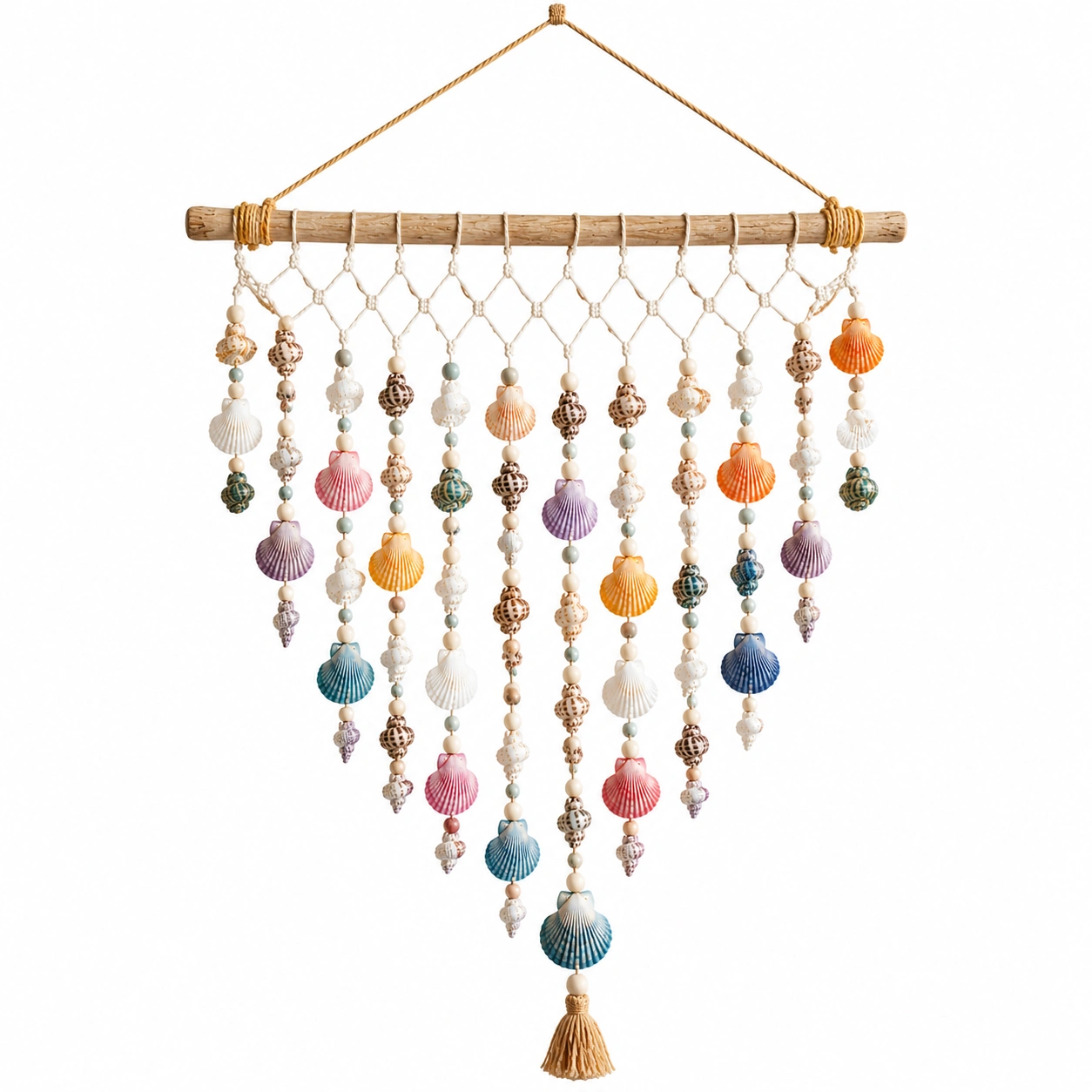 Decorazione da parete con conchiglie colorate e legno-cozfina