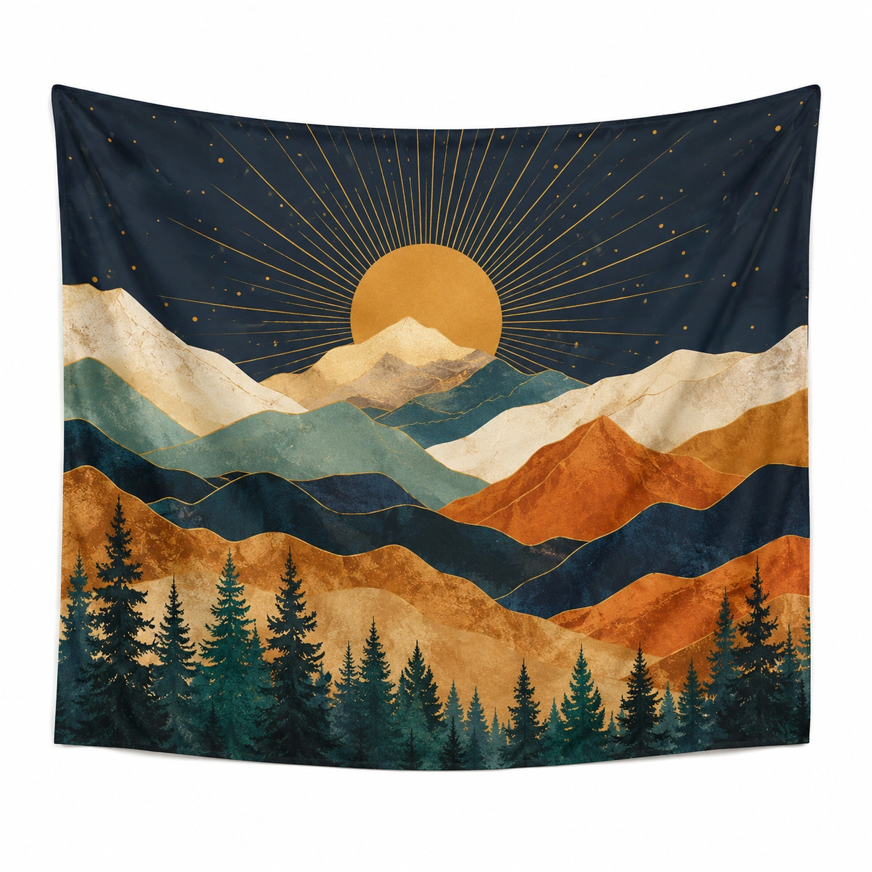 Arazzo Decorativo da Parete Paesaggio Montano Blu, Verde e Oro-cozfina