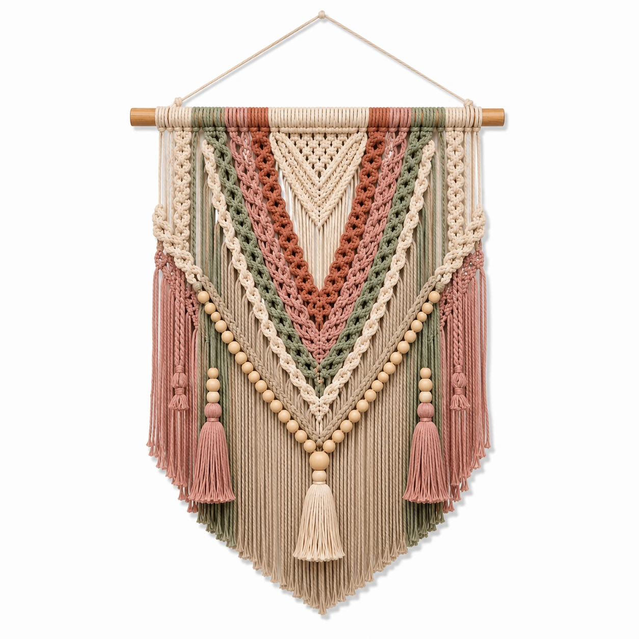 Arazzo Decorativo Boho con Frange in Beige, Verde e Arancione-cozfina