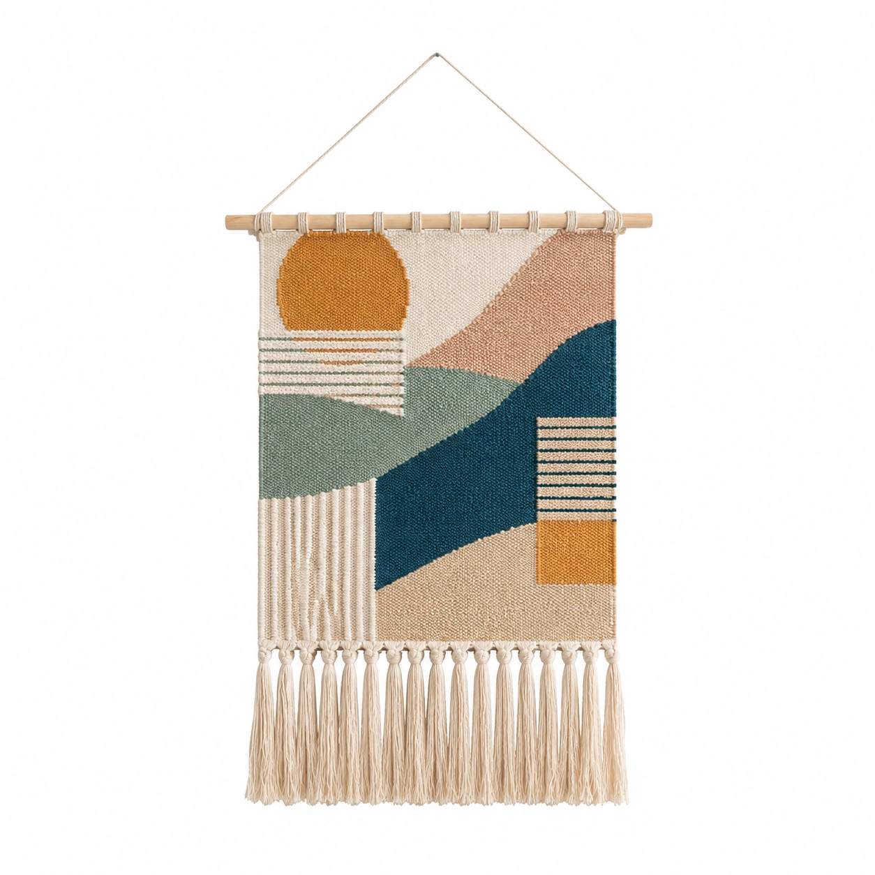 Arazzo da Parete Boho con Frange in Beige, Giallo, Verde e Arancione-cozfina