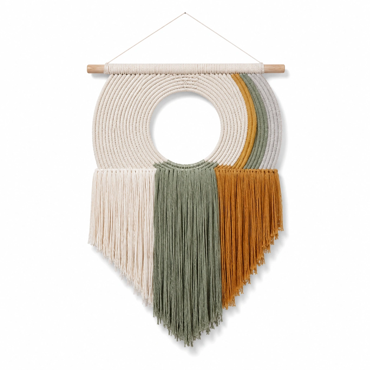Arazzo decorativo da parete con fili blu, arancioni, beige e verde acqua-cozfina