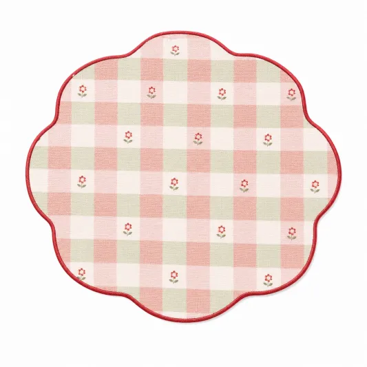 Tovaglietta rotonda a quadri rosa e verde con motivo floreale-meubelixa