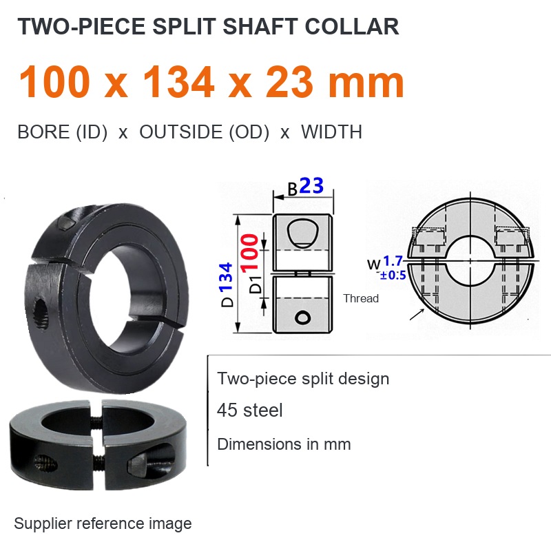 Two-piece split — ID 100 x OD 134 x W 23 mm (English dimensions)