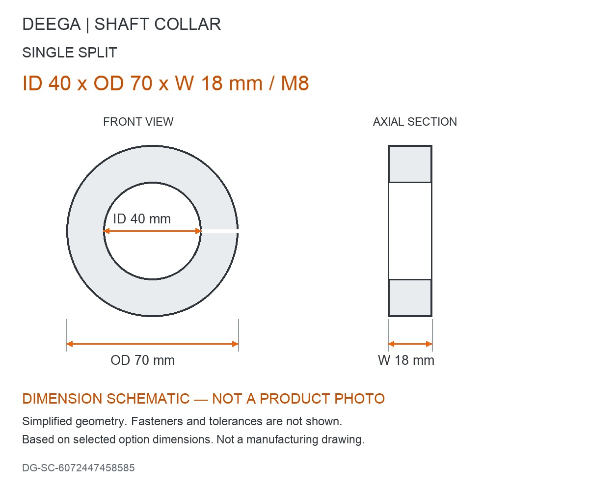 ID 40 x OD 70 x W 18 mm / M8 — dimension schematic, not a product photo; source dimensions subject to verification.