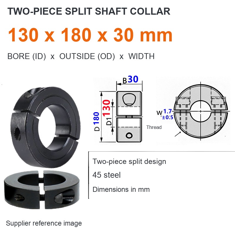 Two-piece split — ID 130 x OD 180 x W 30 mm (English dimensions)