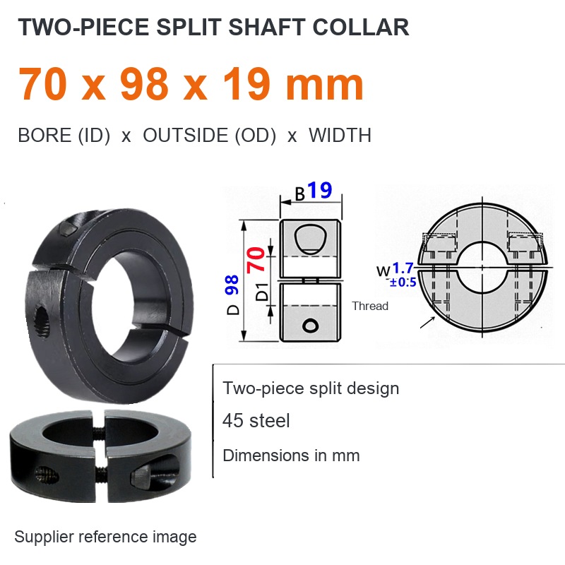 Two-piece split — ID 70 x OD 98 x W 19 mm (English dimensions)