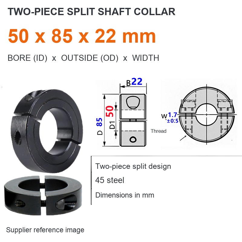 Two-piece split — ID 50 x OD 85 x W 22 mm (English dimensions)