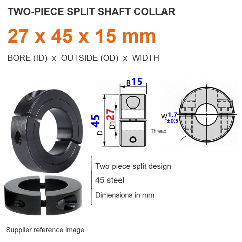 Two-piece split — ID 27 x OD 45 x W 15 mm (English dimensions)