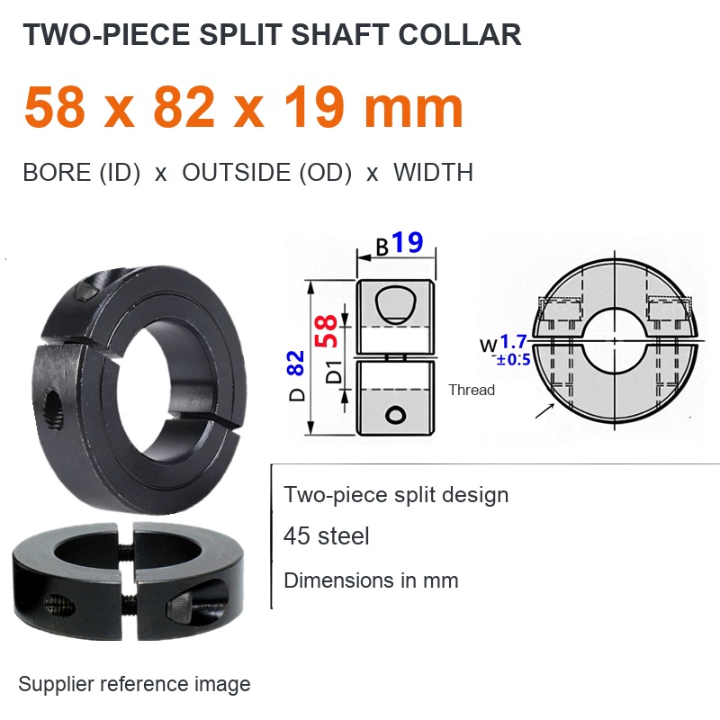 Two-piece split — ID 58 x OD 82 x W 19 mm (English dimensions)
