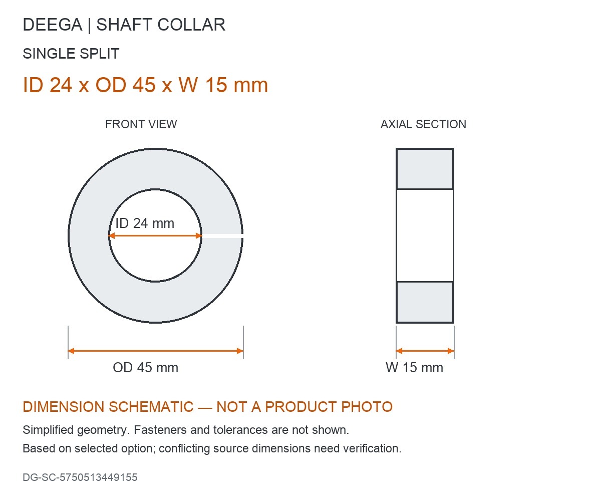 ID 24 x OD 45 x W 15 mm — dimension schematic, not a product photo; source dimensions subject to verification.