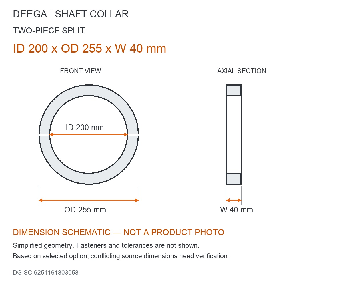 ID 200 x OD 255 x W 40 mm — dimension schematic, not a product photo; source dimensions subject to verification.