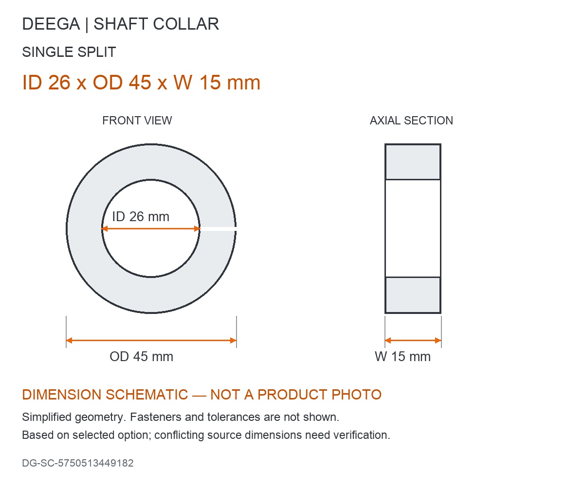 ID 26 x OD 45 x W 15 mm — dimension schematic, not a product photo; source dimensions subject to verification.