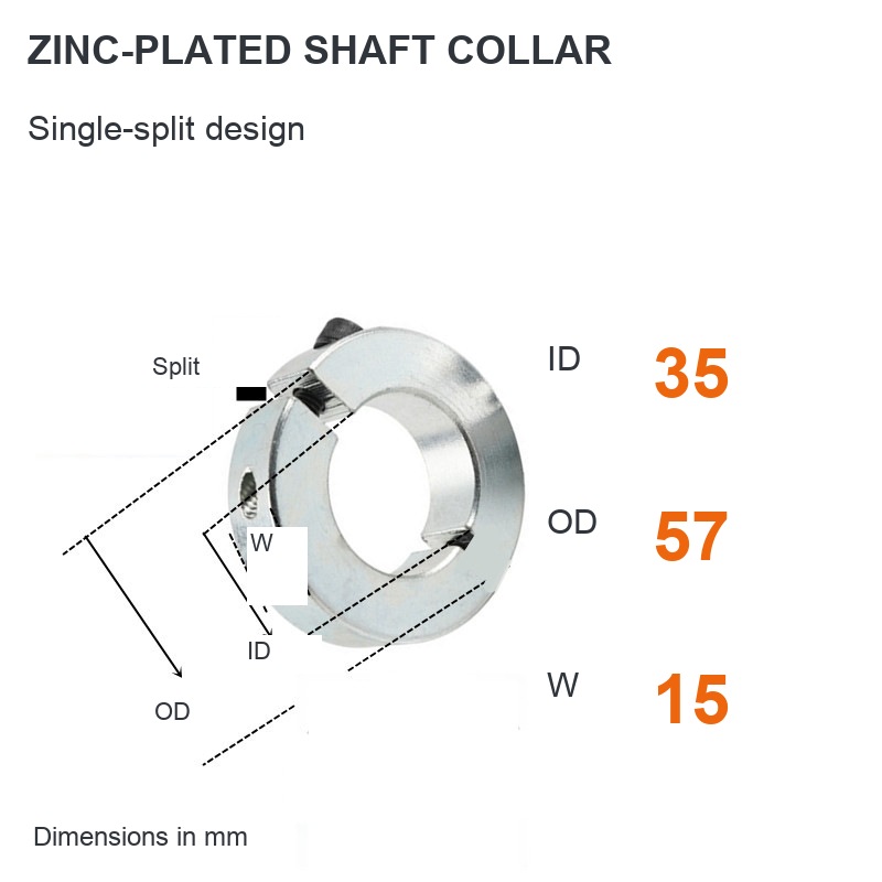 Single split / Zinc plated — ID 35 x OD 57 x W 15 mm (English dimensions)
