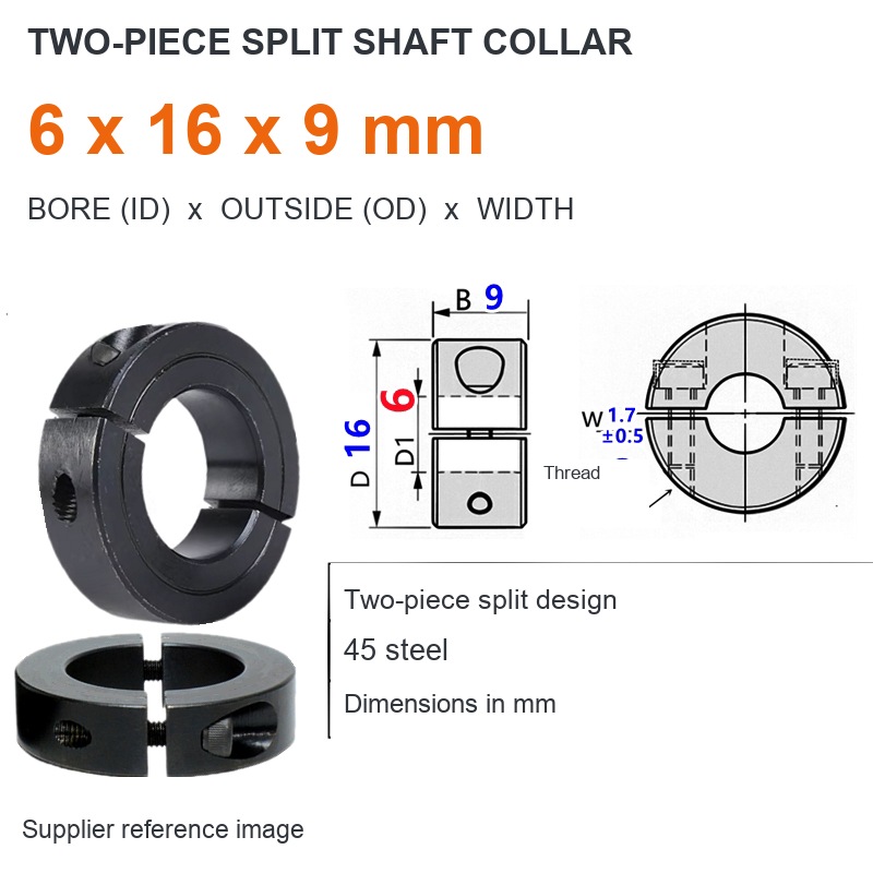 Two-piece split — ID 6 x OD 16 x W 9 mm (English dimensions)