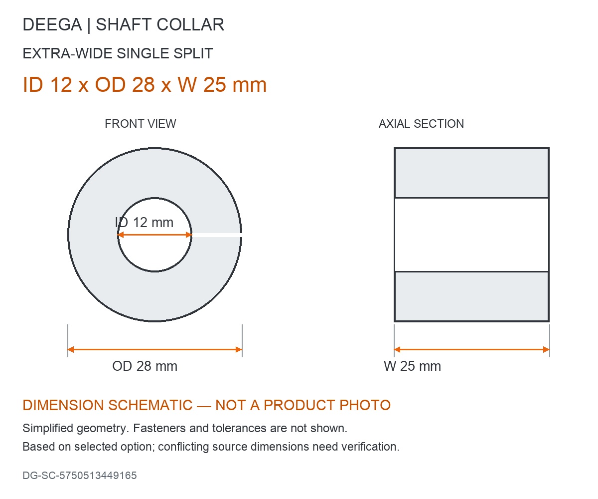 ID 12 x OD 28 x W 25 mm — dimension schematic, not a product photo; source dimensions subject to verification.
