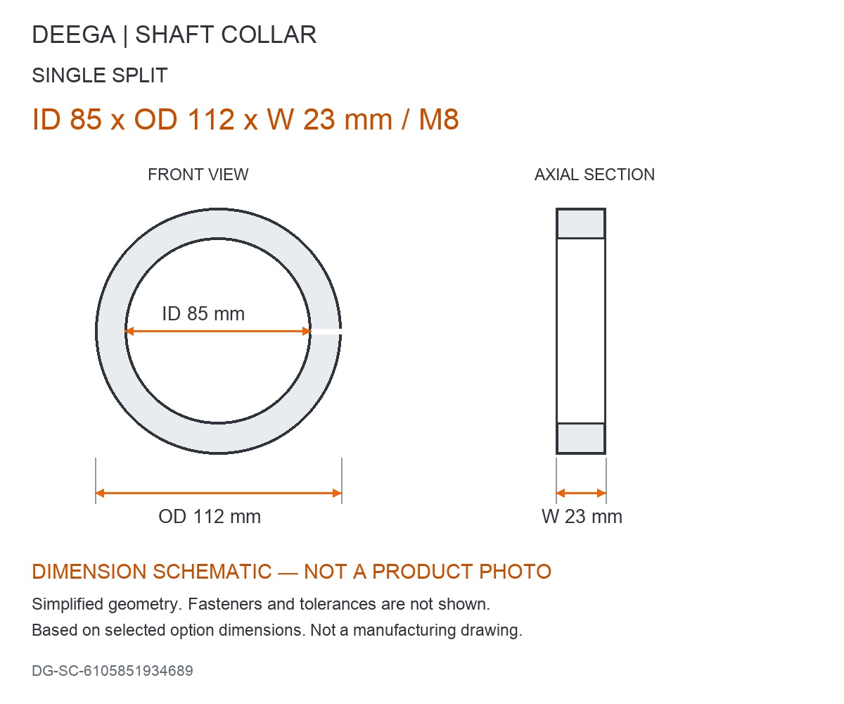 ID 85 x OD 112 x W 23 mm / M8 — dimension schematic, not a product photo; source dimensions subject to verification.