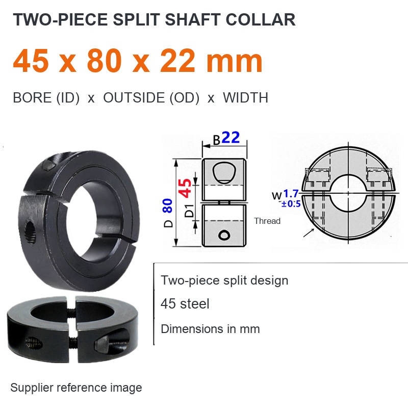 Two-piece split — ID 45 x OD 80 x W 22 mm (English dimensions)