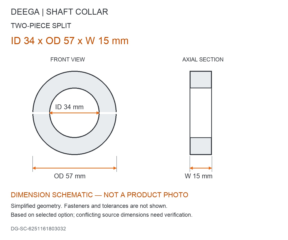 ID 34 x OD 57 x W 15 mm — dimension schematic, not a product photo; source dimensions subject to verification.