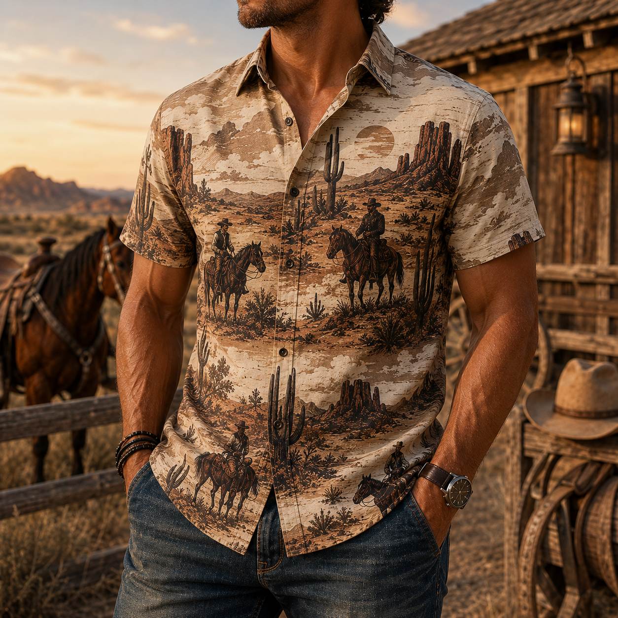 Men's Vintage Western Cowboy-Style Printed Short-Sleeve Shirt-11