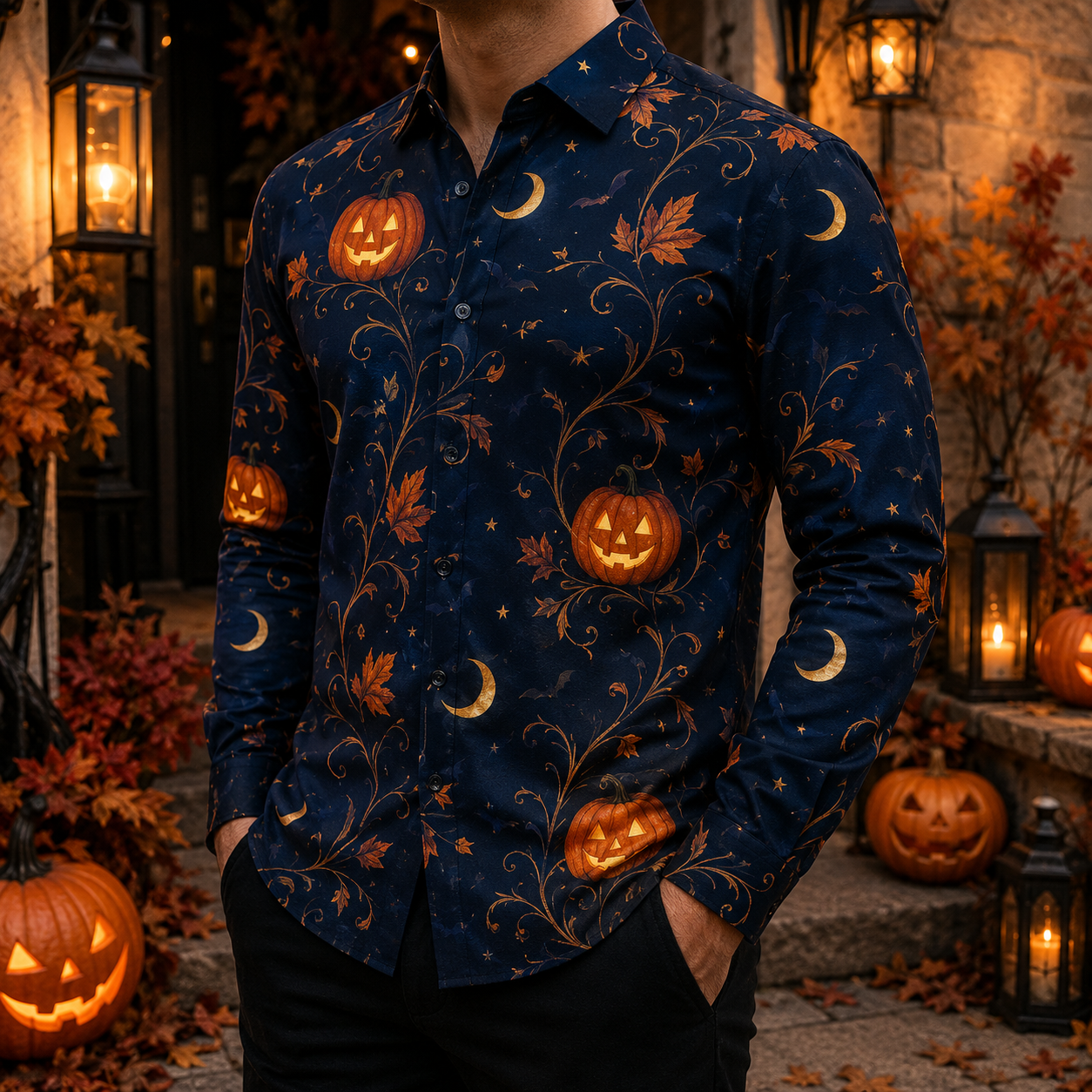Men's Vintage Halloween Print Long-Sleeve Shirt-34