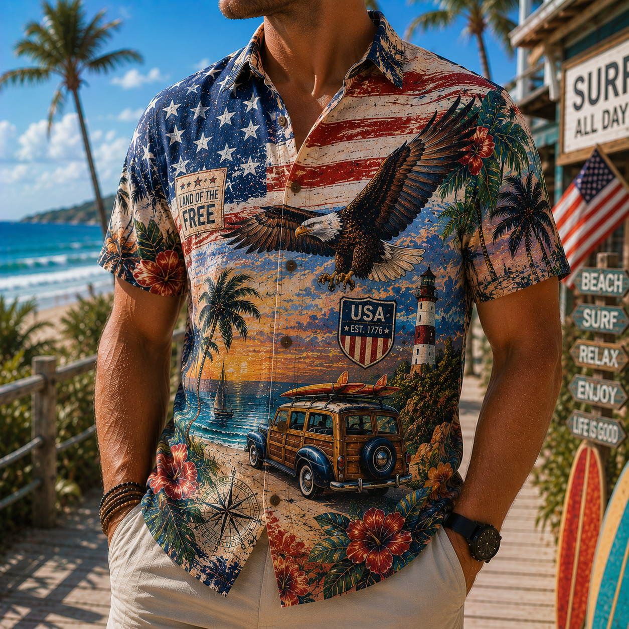 Men's Vintage Tropical Print Short-Sleeve Shirt – Casual Beach Vacation Style – 43