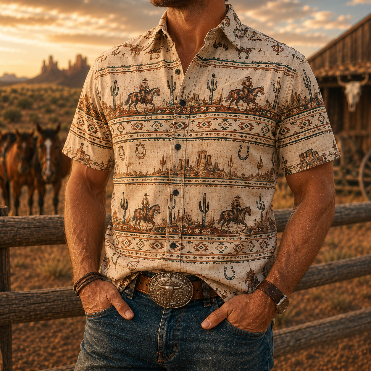 Men's Vintage Western Cowboy-Style Printed Short-Sleeve Shirt-30