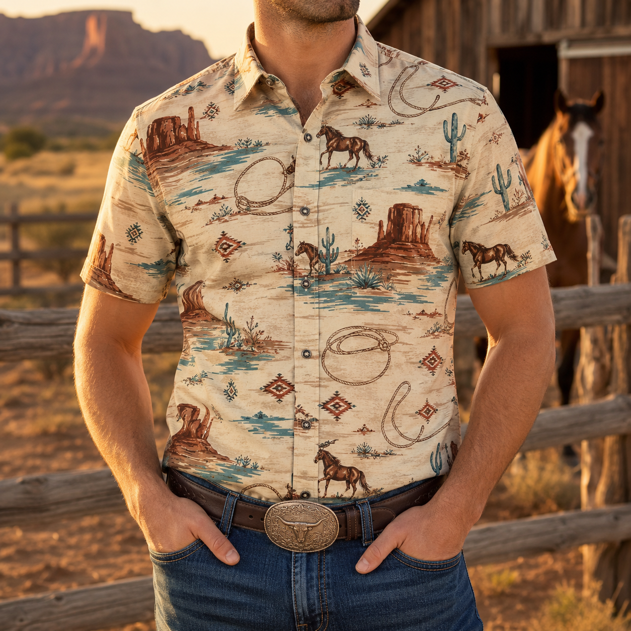 Men's Vintage Western Cowboy-Style Printed Short-Sleeve Shirt-47