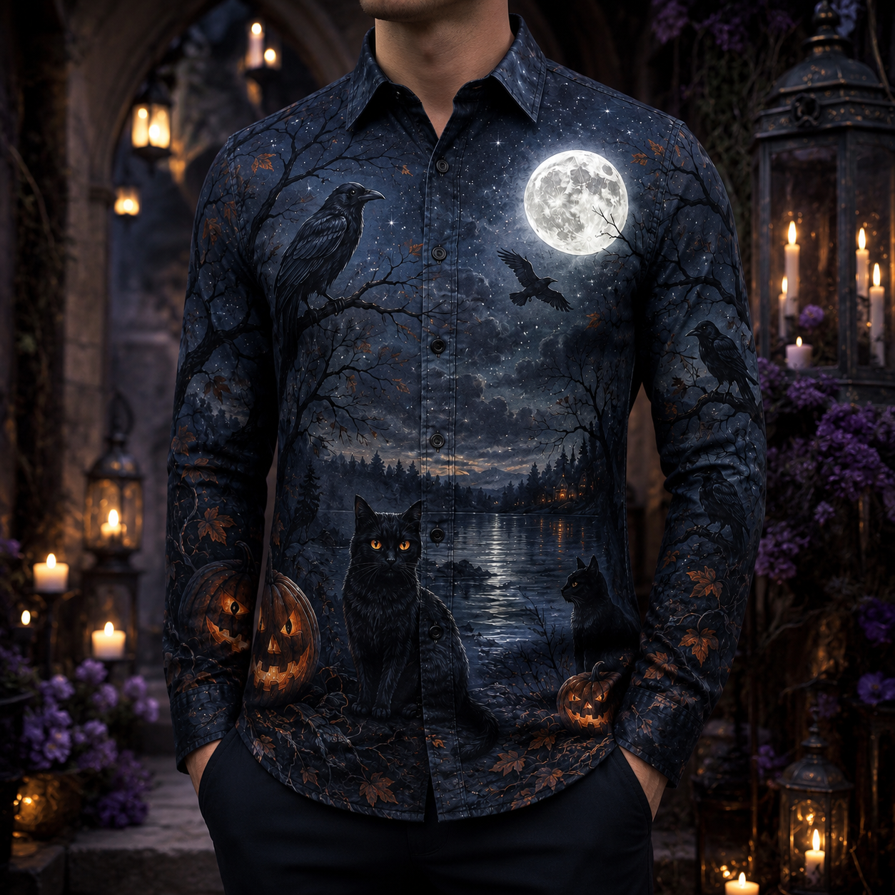 Men's Vintage Halloween Print Long-Sleeve Shirt-33