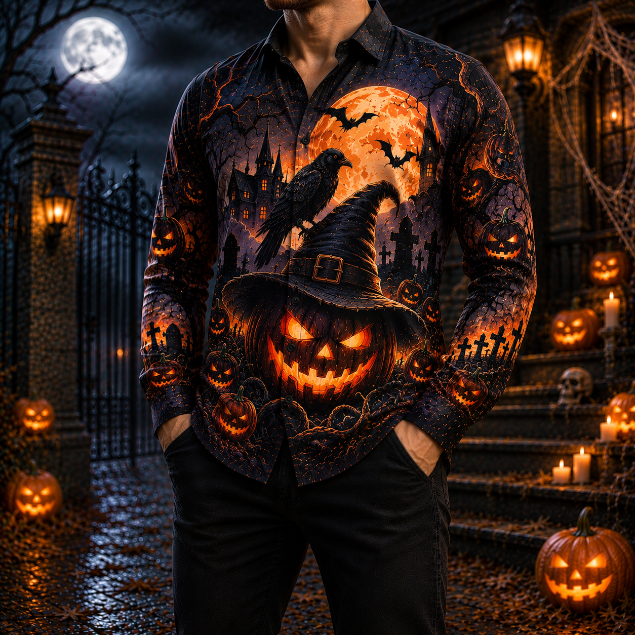 Men's Vintage Halloween Print Long-Sleeve Shirt-80