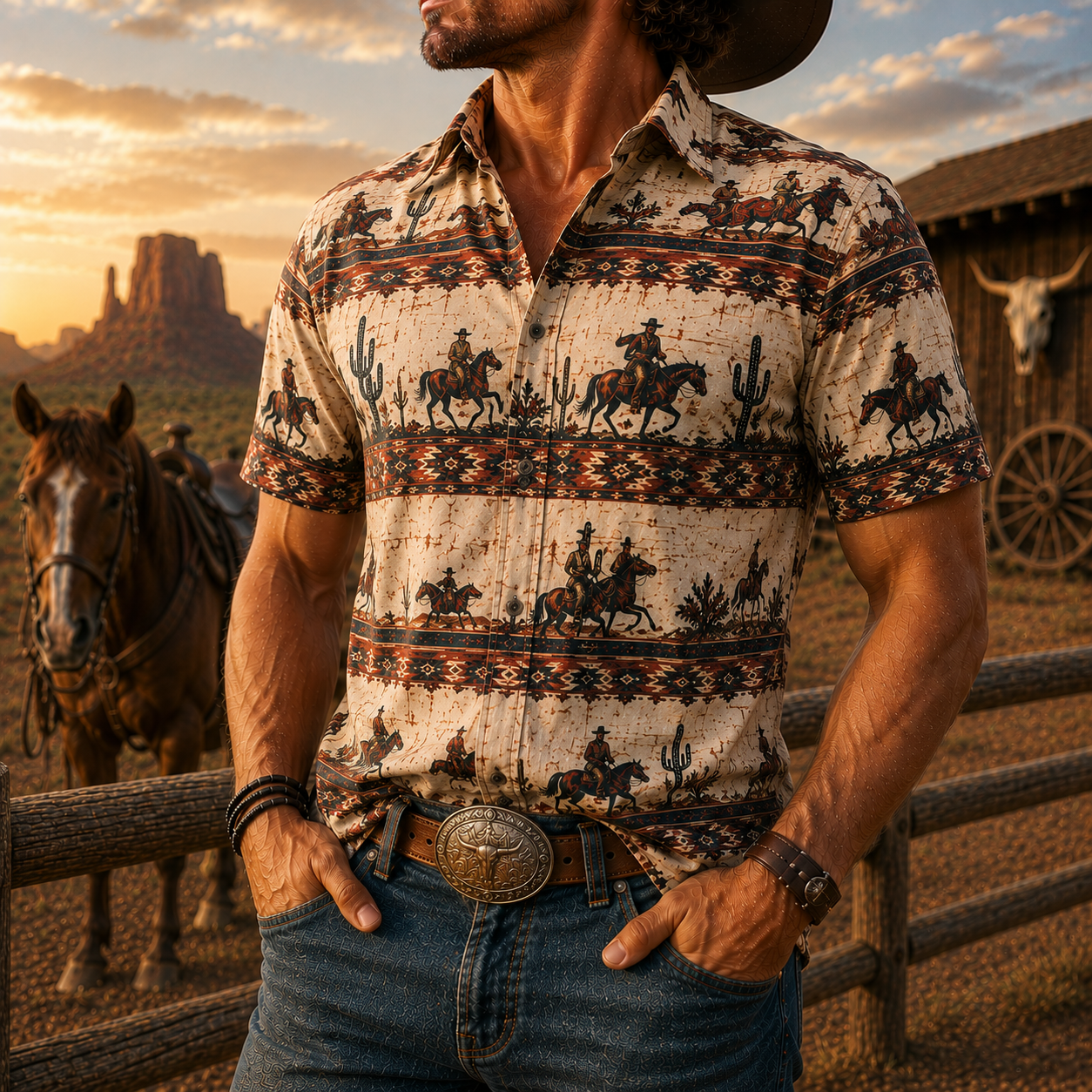 Men's Vintage Western Cowboy-Style Printed Short-Sleeve Shirt-34