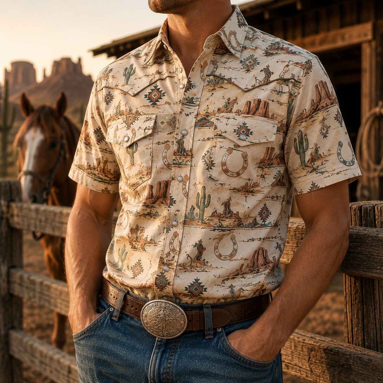 Men's Vintage Western Cowboy-Style Printed Short-Sleeve Shirt-90