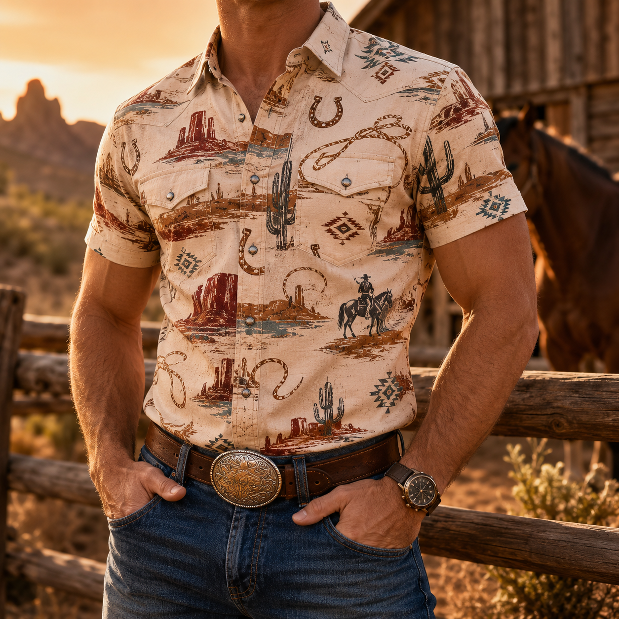 Men's Vintage Western Cowboy-Style Printed Short-Sleeve Shirt-86