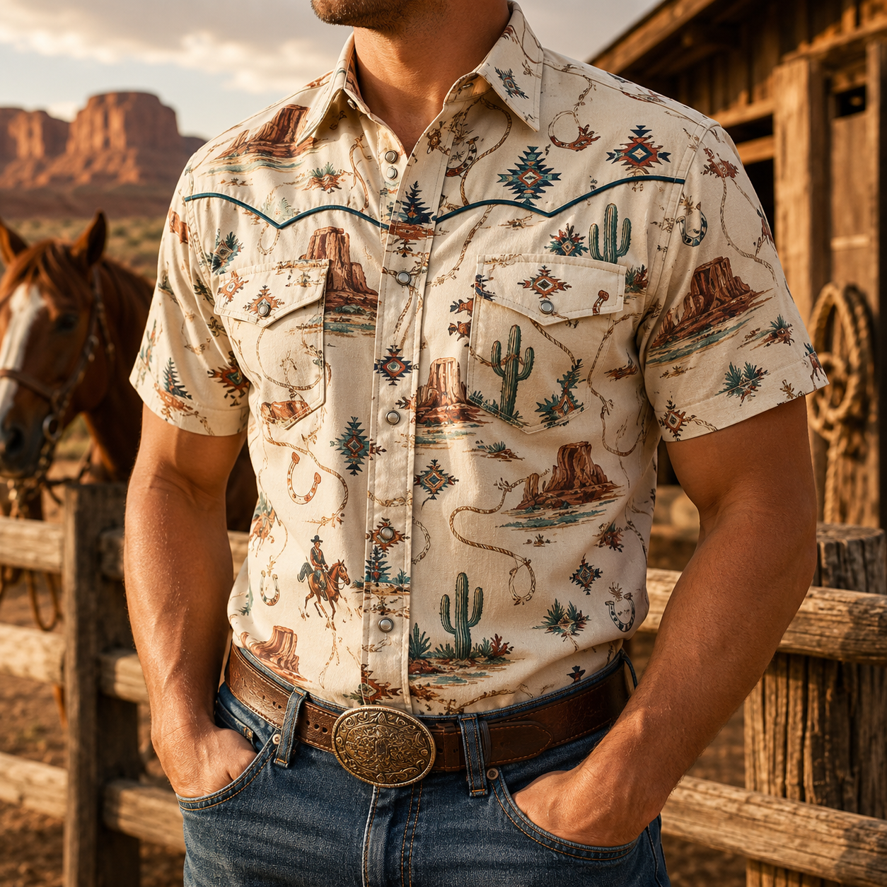 Men's Vintage Western Cowboy-Style Printed Short-Sleeve Shirt-87