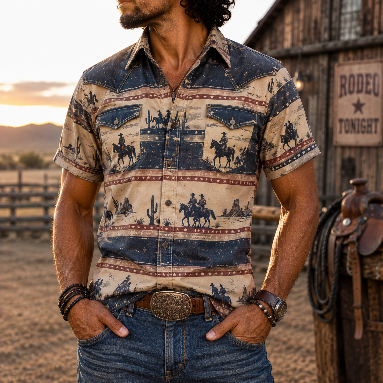Men's Vintage Western Cowboy-Style Printed Short-Sleeve Shirt-92