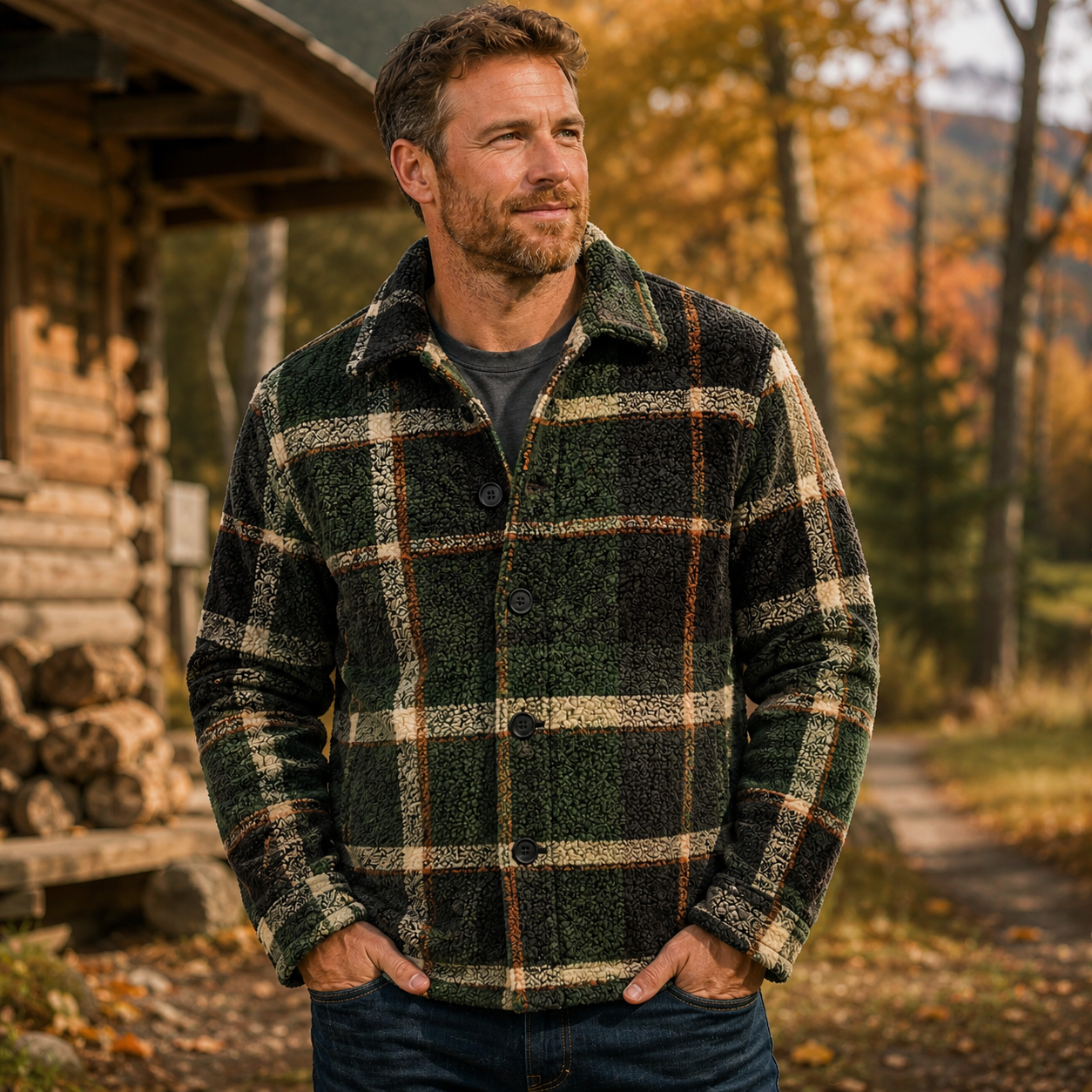 Men's Geometric Fleece Shacket | Warm Shirt Jacket -1
