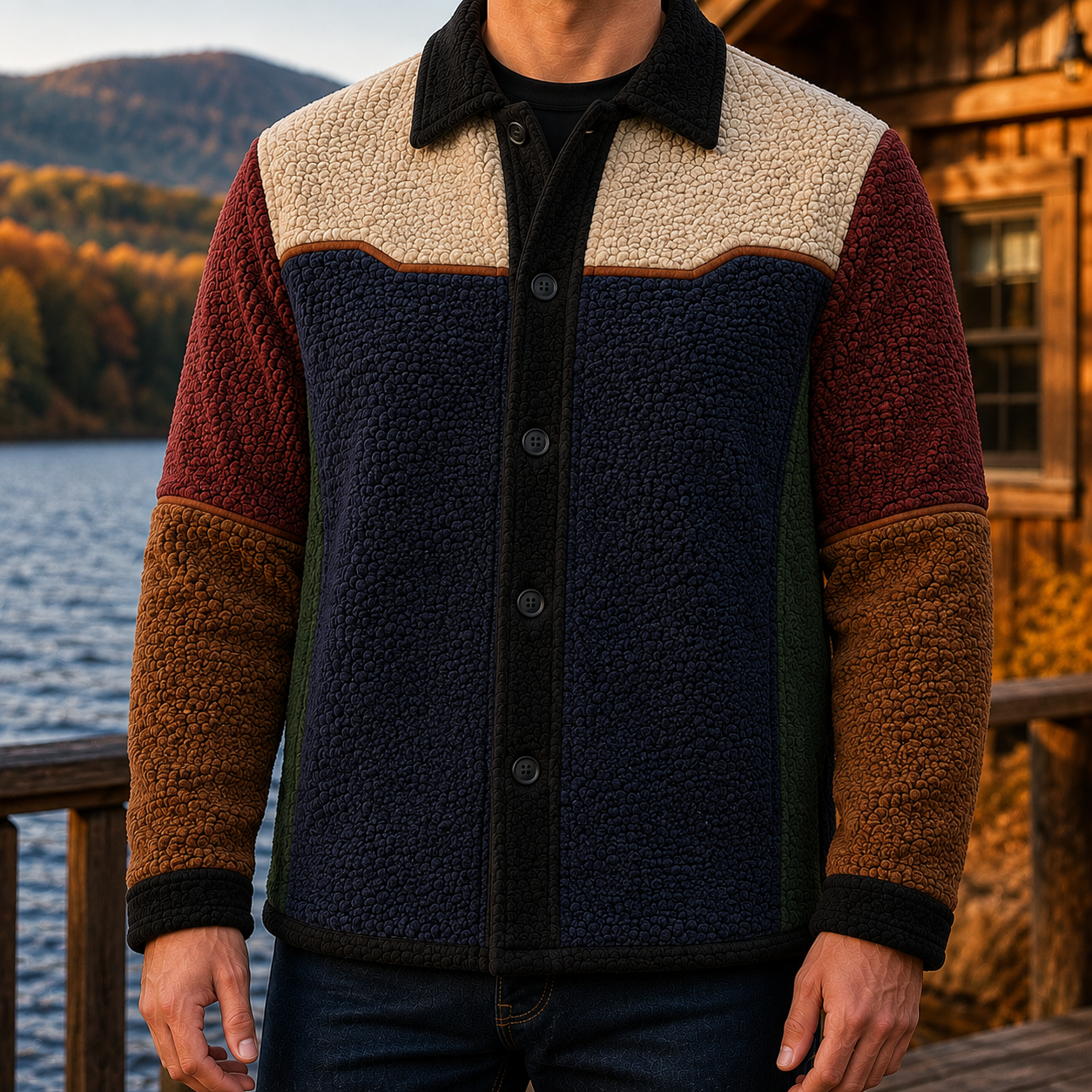 Men's Retro Color Block Fleece Shirt Jacket-100