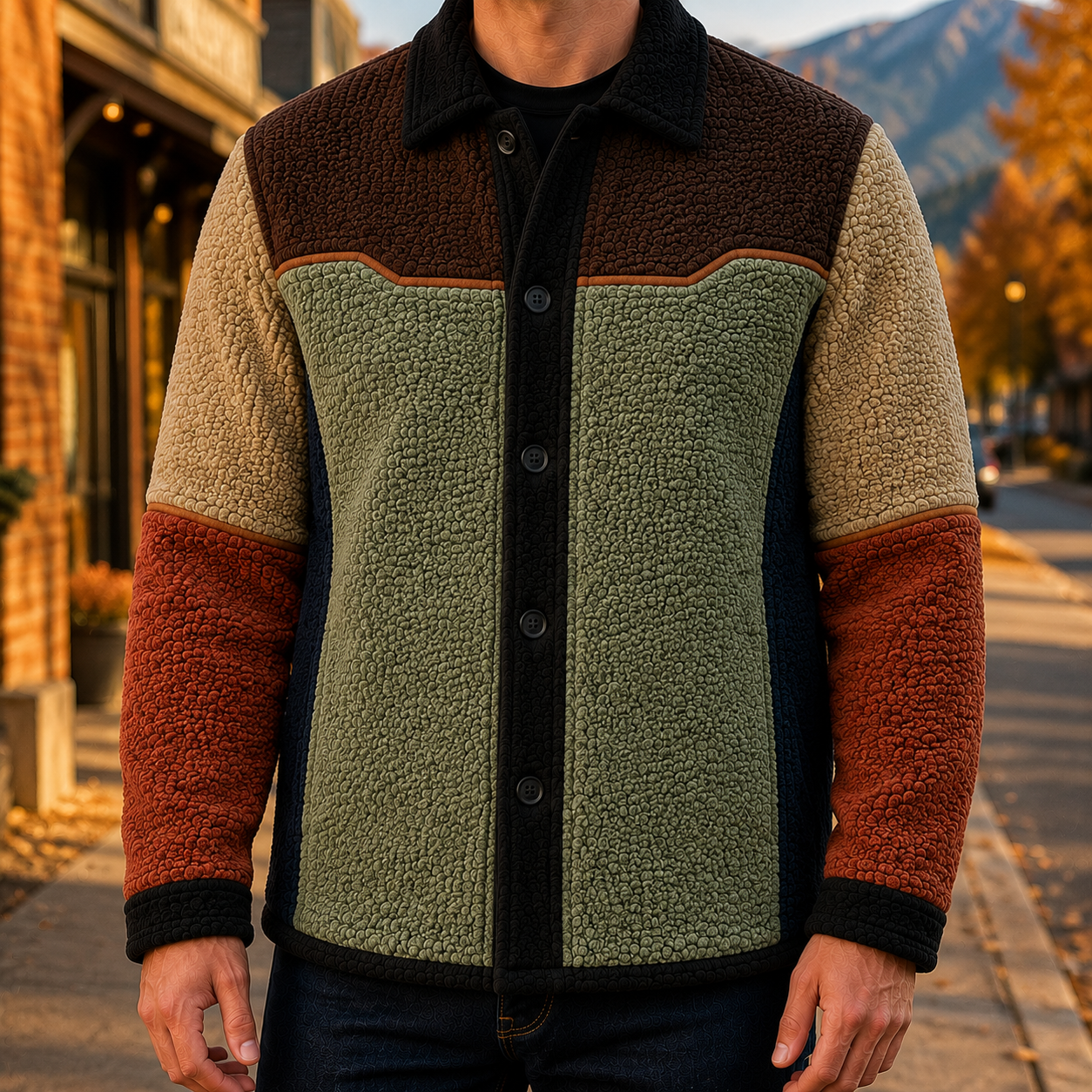 Men's Retro Color Block Fleece Shirt Jacket-101