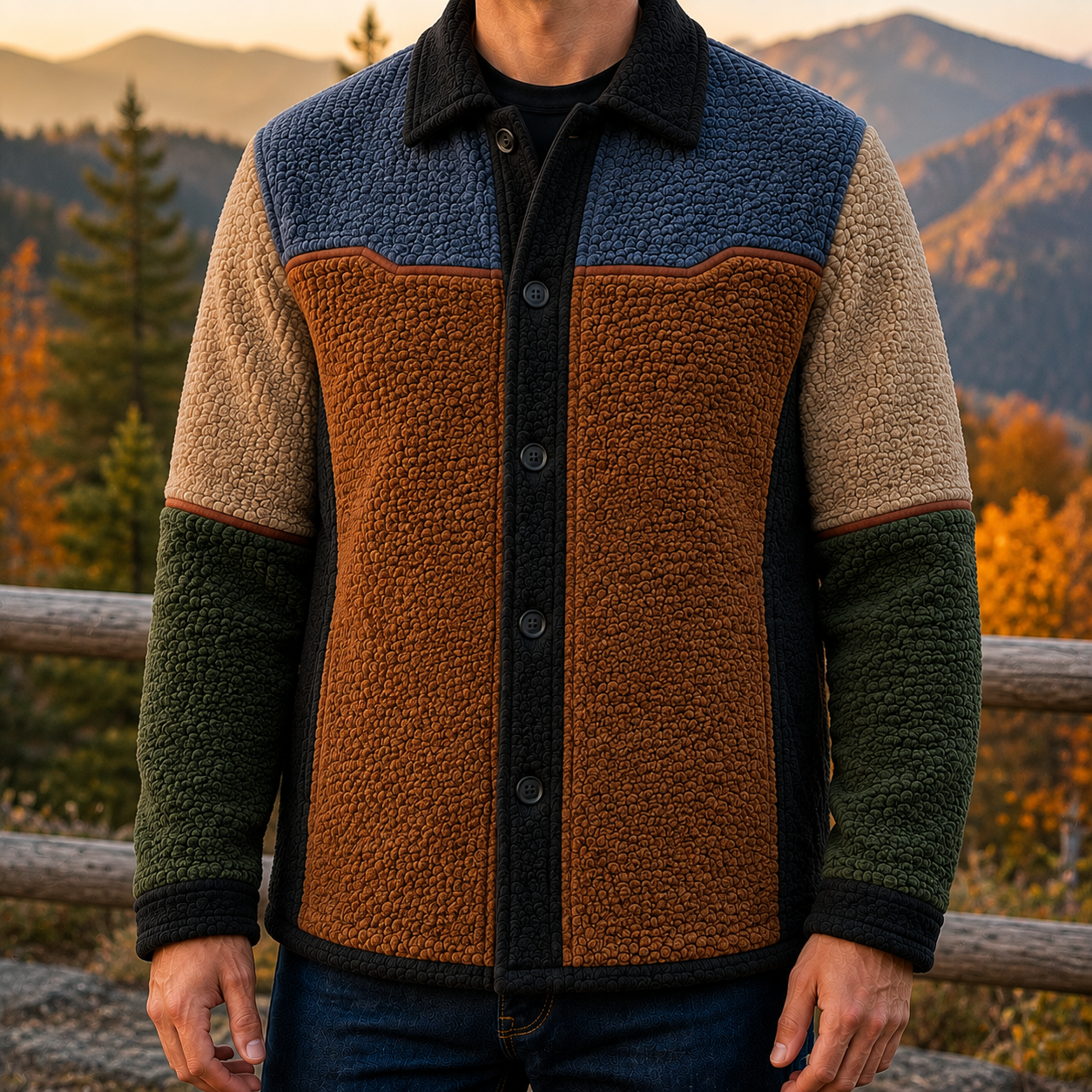 Men's Retro Color Block Fleece Shirt Jacket-102