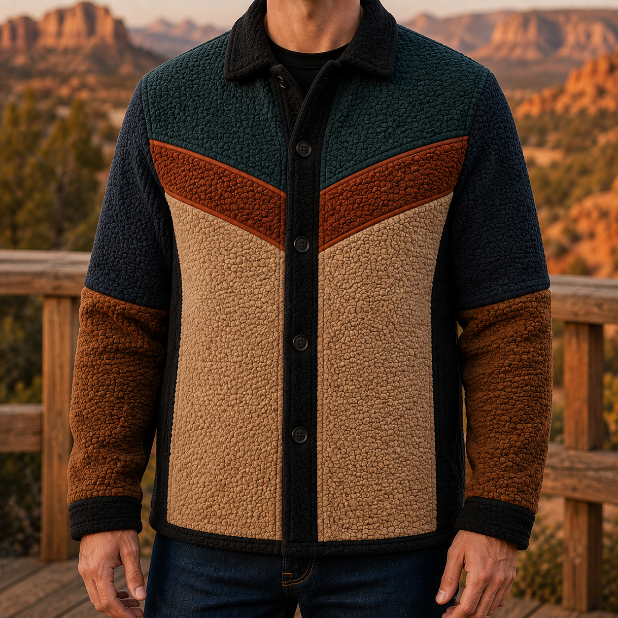 Men's Retro Color Block Fleece Shirt Jacket-103
