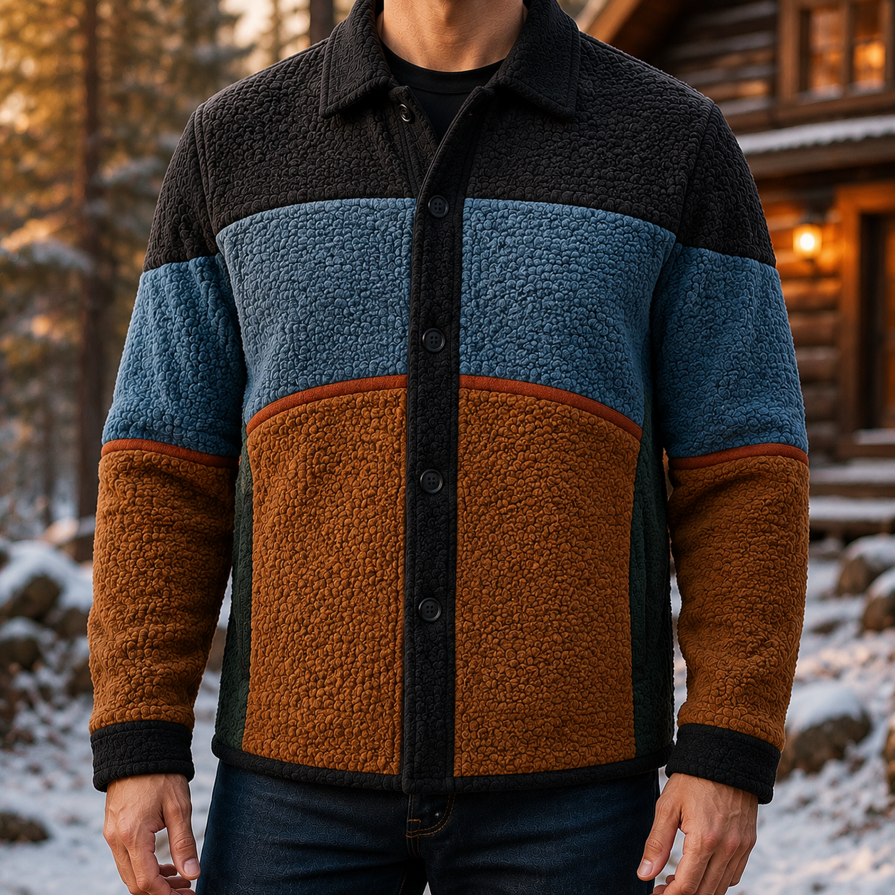 Men's Retro Color Block Fleece Shirt Jacket-104