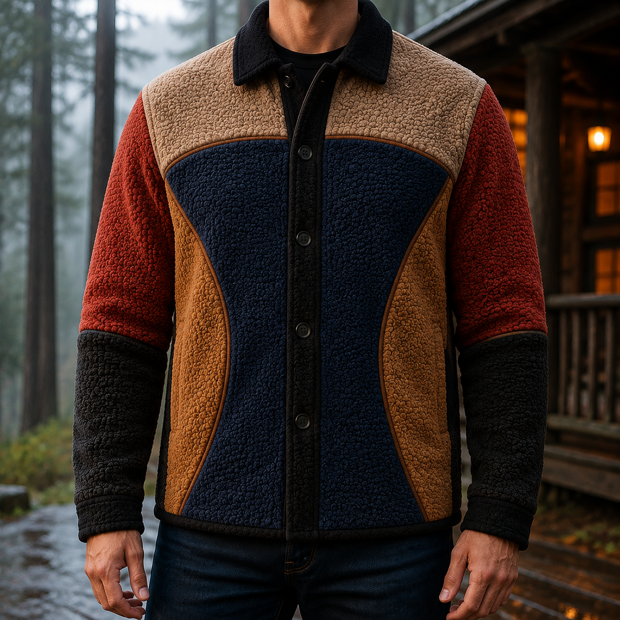 Men's Retro Color Block Fleece Shirt Jacket-105