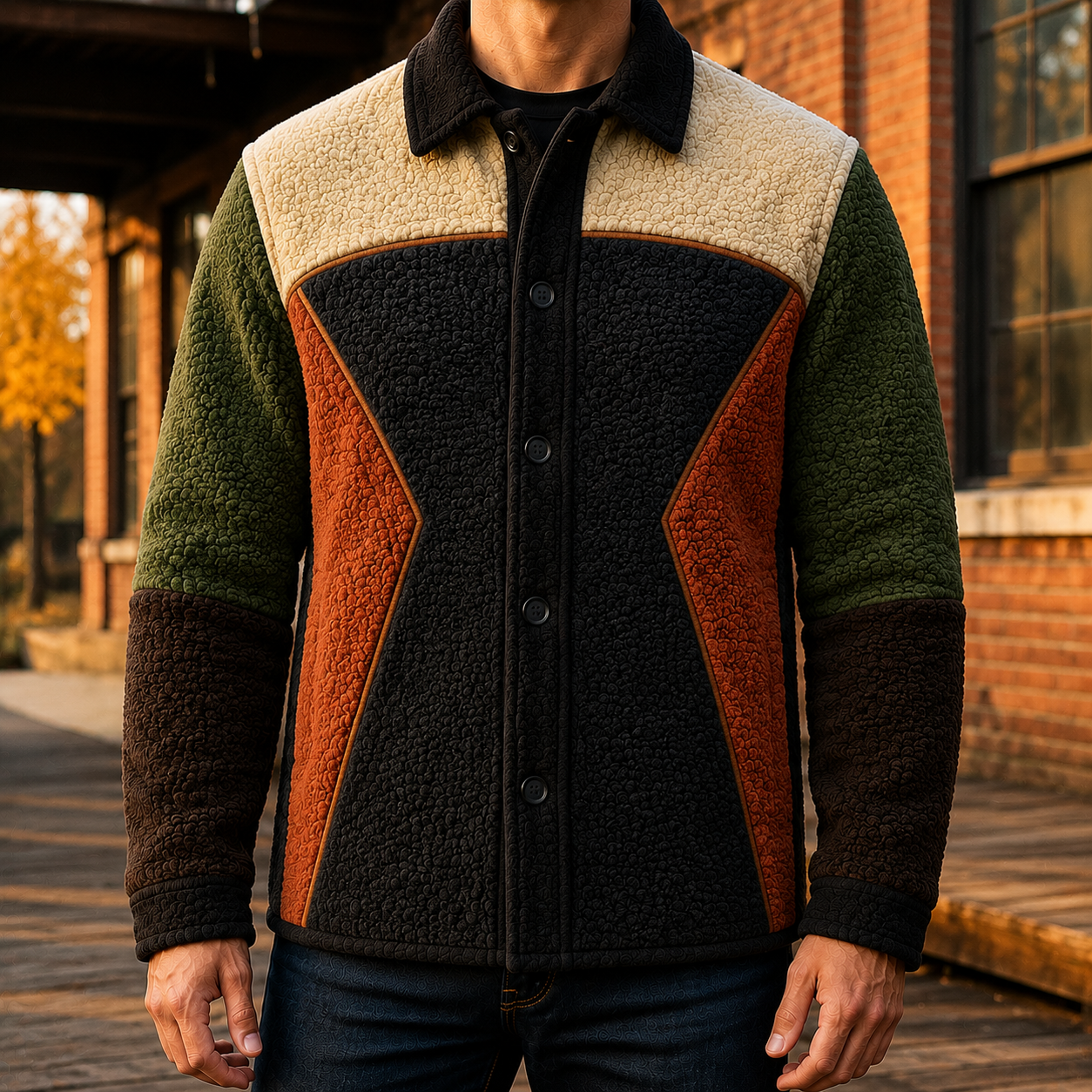 Men's Retro Color Block Fleece Shirt Jacket-106