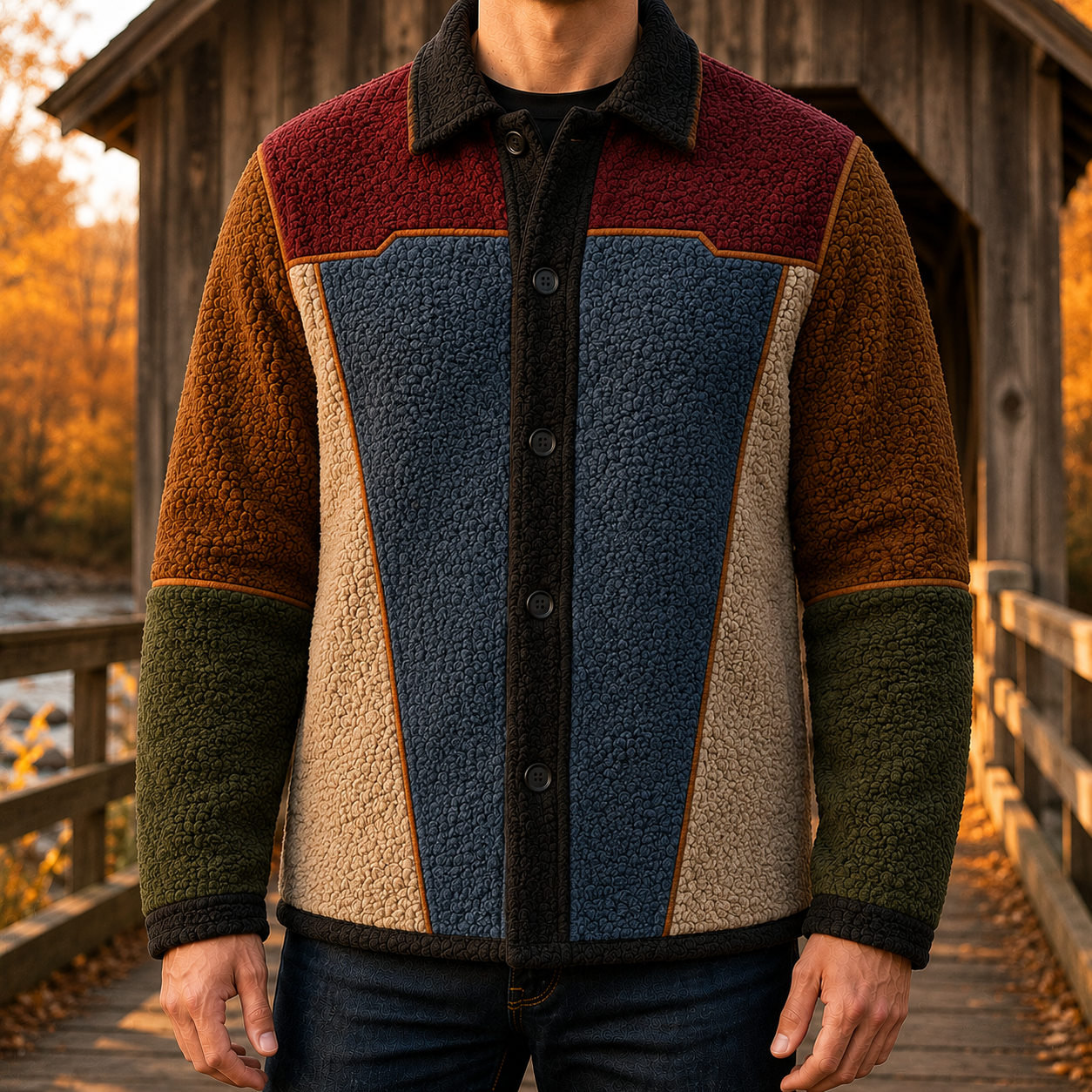 Men's Retro Color Block Fleece Shirt Jacket-107