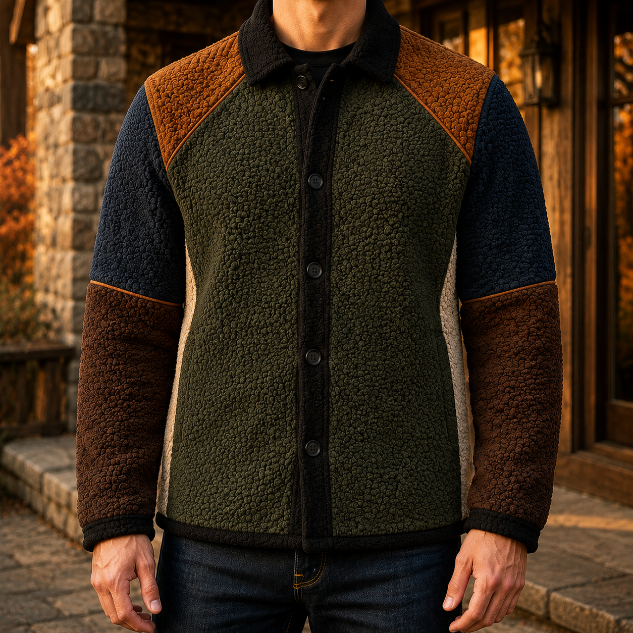 Men's Retro Color Block Fleece Shirt Jacket-108